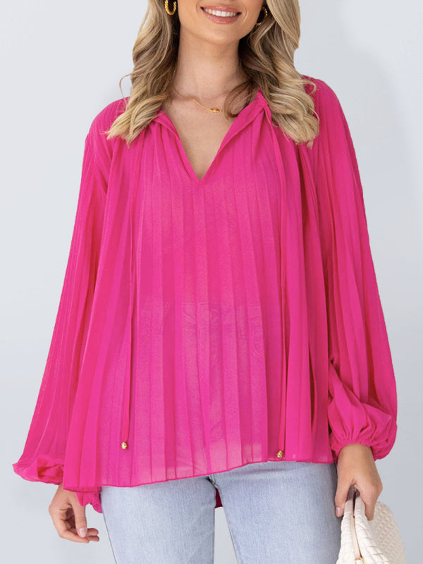 Women's Tie Front Chiffon Pleated Blouse