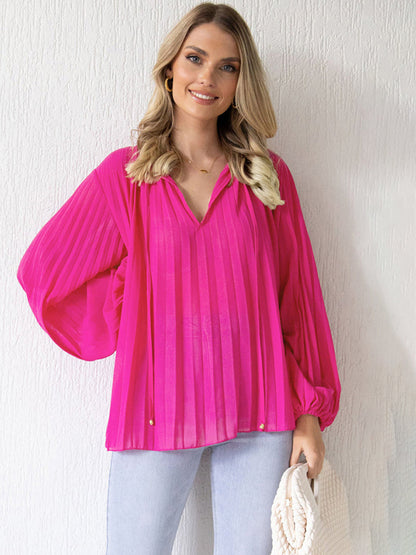 Women's Tie Front Chiffon Pleated Blouse