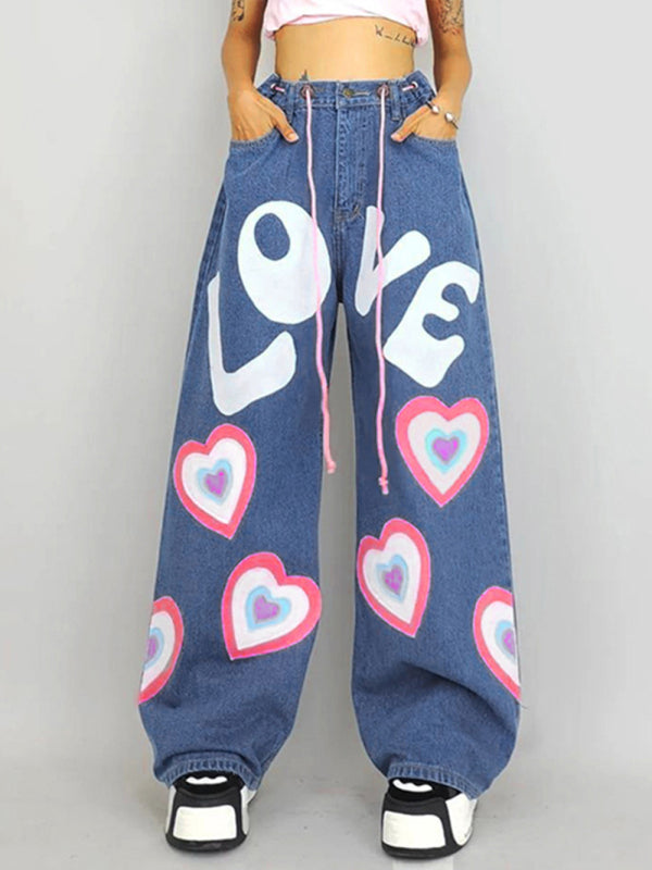 Women's Contrasting Color Heart Graffiti Print Loose Jeans