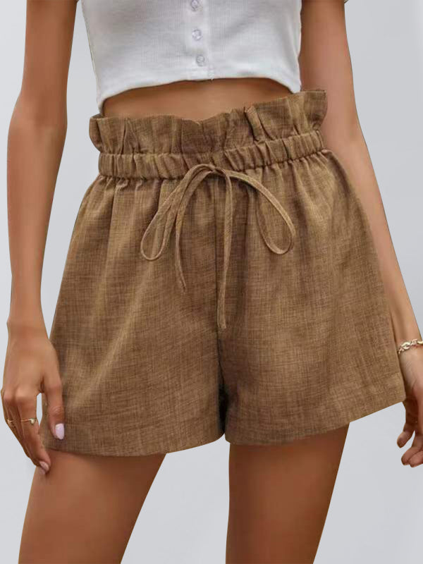 Women's Solid Color High Waist Lace Up Loose Wide Leg Shorts