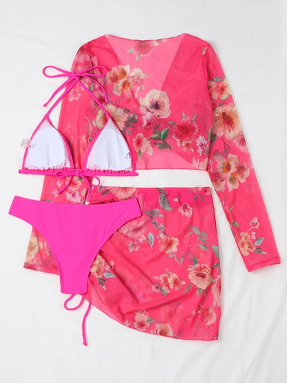 Women's Printed Drawstring Long-Sleeve Blouse Bikini Four-Piece Set