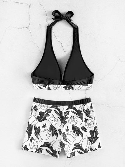 Women's High Waist Boxer Tie Printed Solid Color Panel Bikini