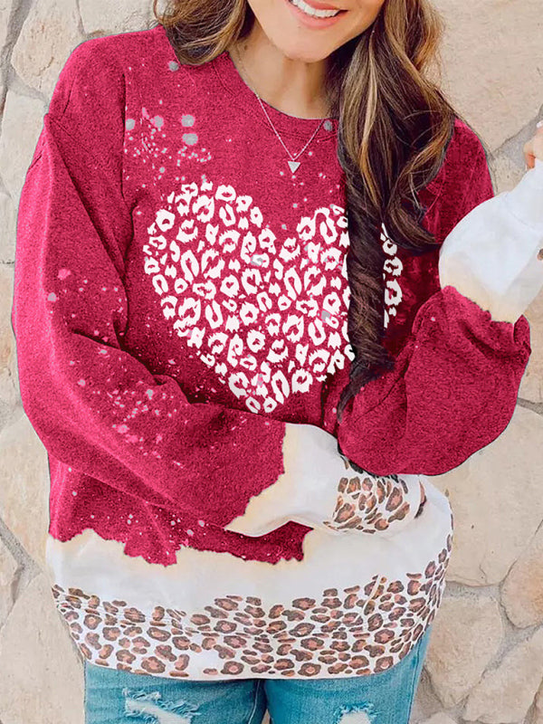 Women's knitted heart-shaped leopard print design pullover sweater