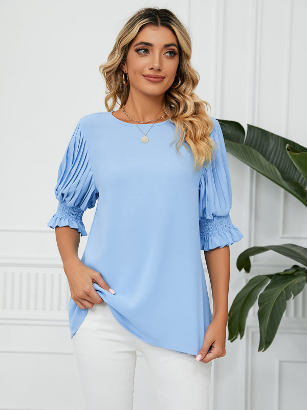 Women's Solid Color Puff-sleeve Crewneck Top