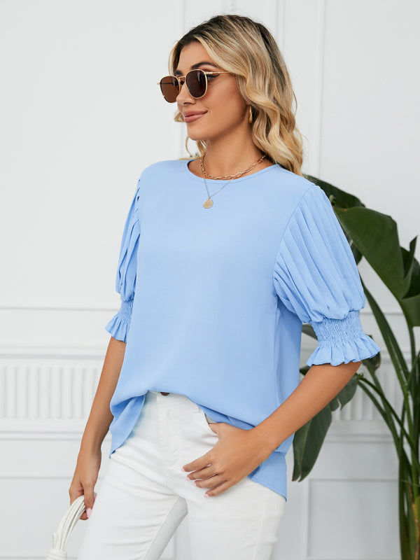 Women's Solid Color Puff-sleeve Crewneck Top