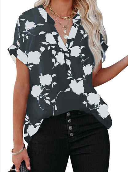 Women's New Floral Print Casual V-Neck Short Sleeve Shirt