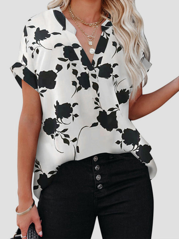 Women's New Floral Print Casual V-Neck Short Sleeve Shirt