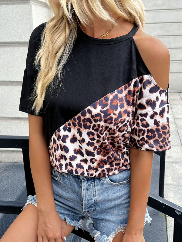 Women's Color Block Crewneck Cheetah Print Cold-shoulder Top