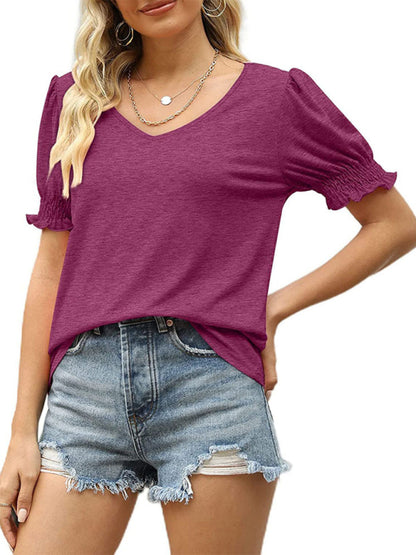 Summer Women's Puff Sleeve Pleated Short Sleeve V Neck T-Shirt