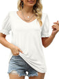 Summer Women's Puff Sleeve Pleated Short Sleeve V Neck T-Shirt