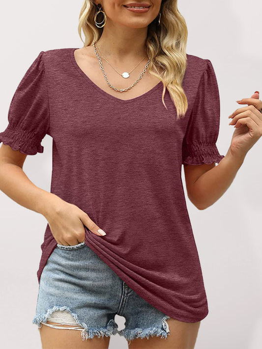 Summer Women's Puff Sleeve Pleated Short Sleeve V Neck T-Shirt