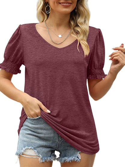 Summer Women's Puff Sleeve Pleated Short Sleeve V Neck T-Shirt