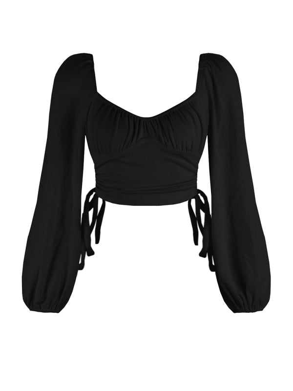 Women's Solid Color Sweetheart Neckline Puff-sleeve Drawstring Ruched Sides Crop Top