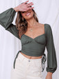 Women's Solid Color Sweetheart Neckline Puff-sleeve Drawstring Ruched Sides Crop Top