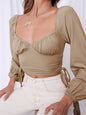Women's Solid Color Sweetheart Neckline Puff-sleeve Drawstring Ruched Sides Crop Top