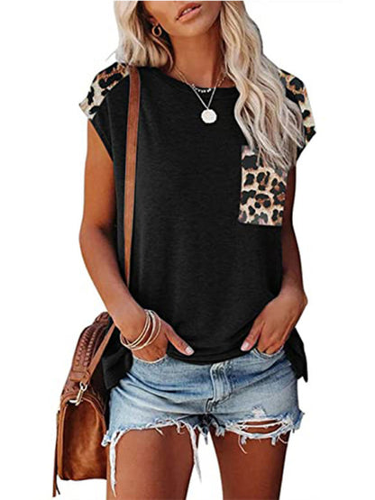 Women's Short Sleeve Tunic With Faux Animal Print Insets Top