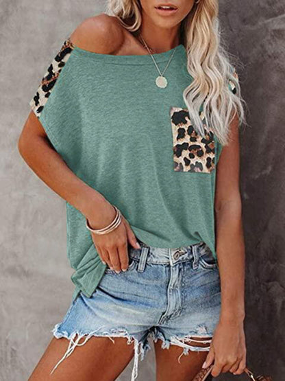 Women's Short Sleeve Tunic With Faux Animal Print Insets Top