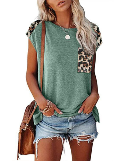 Women's Short Sleeve Tunic With Faux Animal Print Insets Top