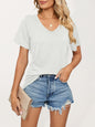 Short Sleeve V Neck Gathered Solid Color Loose T-Shirt Top Ladies