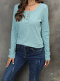 Women's Solid Color Waffle Knit Long Sleeve Henley Top