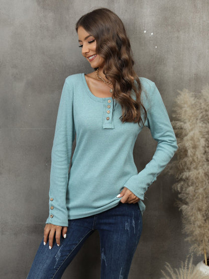 Women's Solid Color Waffle Knit Long Sleeve Henley Top