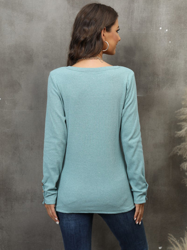 Women's Solid Color Waffle Knit Long Sleeve Henley Top