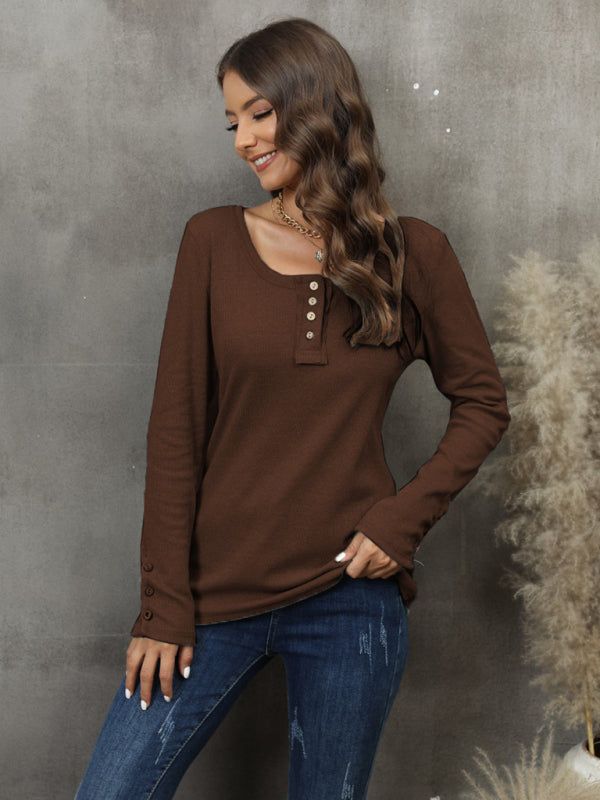 Women's Solid Color Waffle Knit Long Sleeve Henley Top