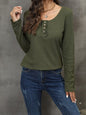 Women's Solid Color Waffle Knit Long Sleeve Henley Top