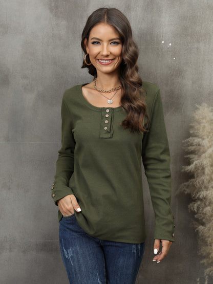 Women's Solid Color Waffle Knit Long Sleeve Henley Top