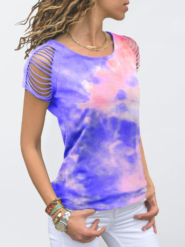 Women's tie-dye ripped burnt off-the-shoulder short-sleeved T-shirt