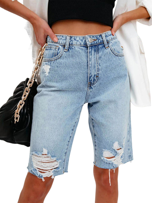 Women's Casual Stretch Ripped Denim Cropped Pants