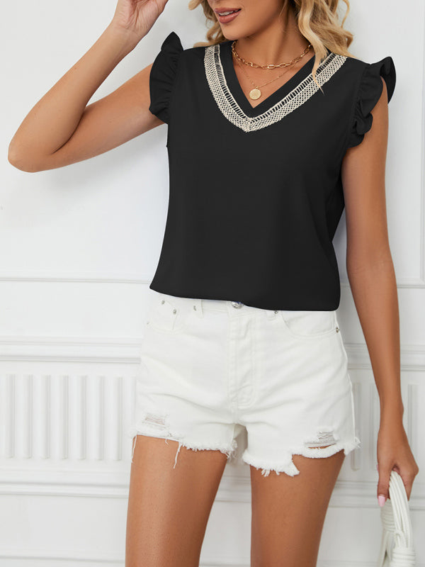 Women's Woven Lace V-Neck Short Sleeve Loose Chiffon Top