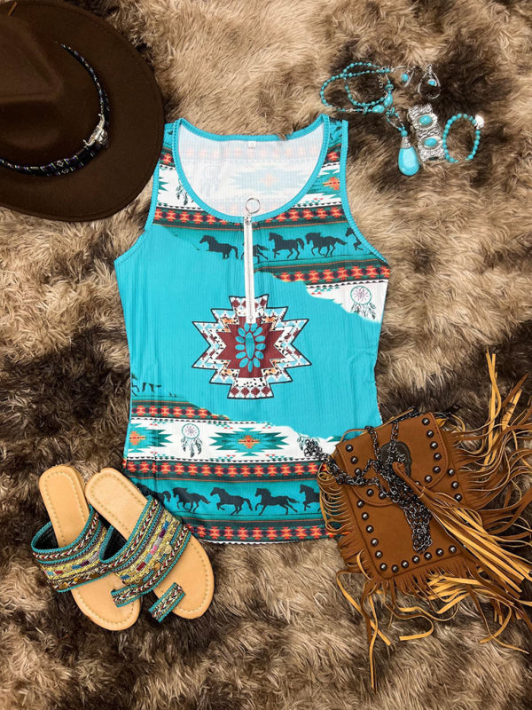 Women's Knitted Ethnic Western Half Zip Printed Tank Top