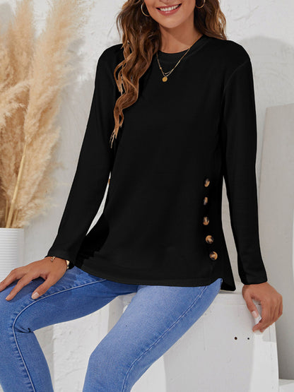 Women's Solid Color Button Detail Drop Shoulder Cable Knit Tee