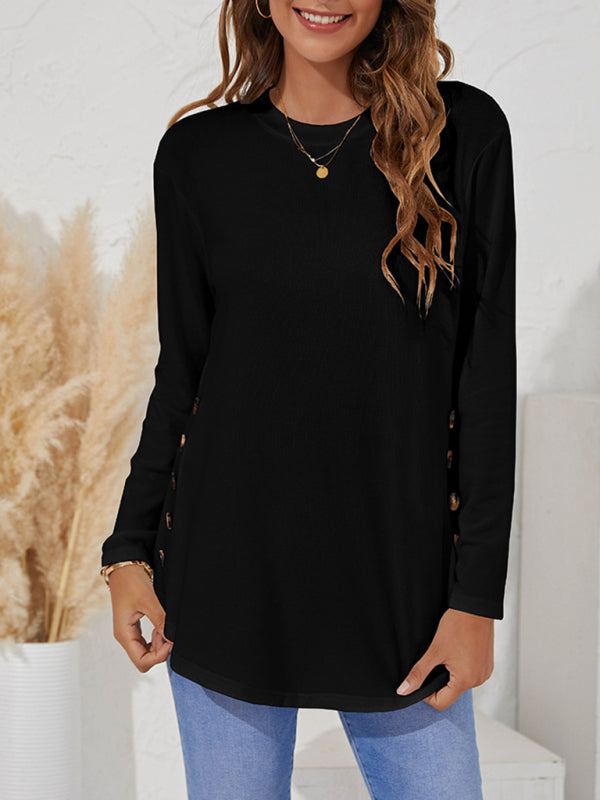 Women's Solid Color Button Detail Drop Shoulder Cable Knit Tee