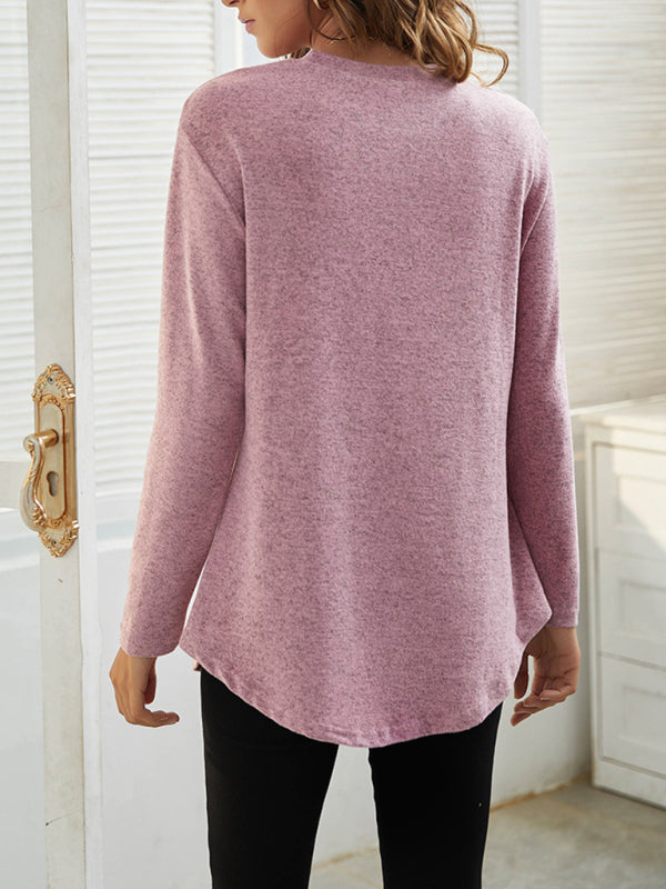 Women's Solid Color Button Detail Drop Shoulder Cable Knit Tee