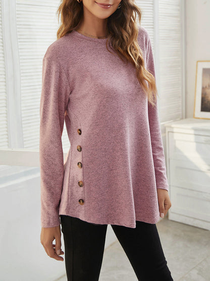 Women's Solid Color Button Detail Drop Shoulder Cable Knit Tee