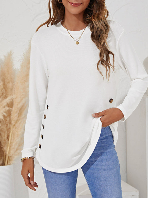 Women's Solid Color Button Detail Drop Shoulder Cable Knit Tee