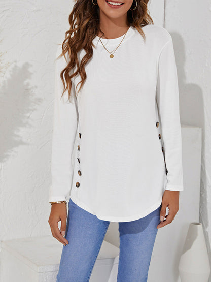 Women's Solid Color Button Detail Drop Shoulder Cable Knit Tee