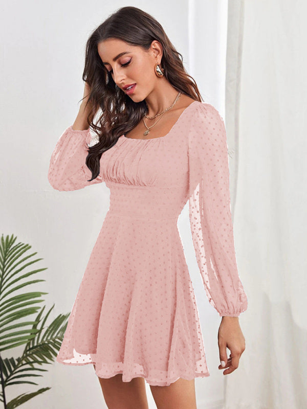 Women's Woven Chiffon Jacquard Elegant Long Sleeve Dress