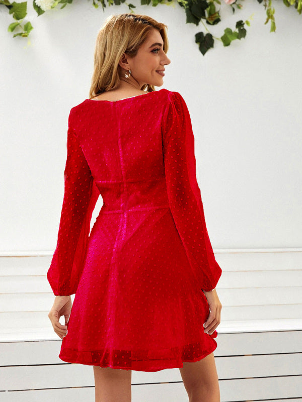 Women's Woven Chiffon Jacquard Elegant Long Sleeve Dress