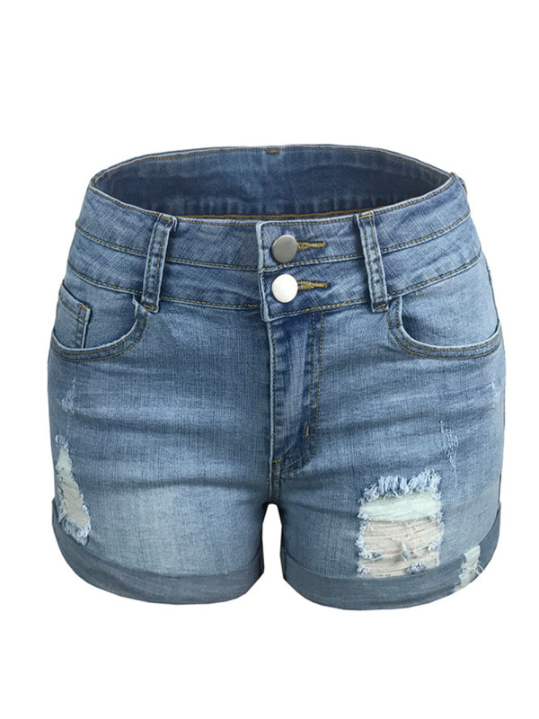 Trendy ripped rolled edge elastic high waist denim shorts women's hot pants