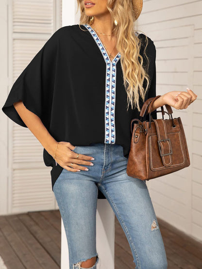 Women's V-neck Dolman Sleeve Top With Trim