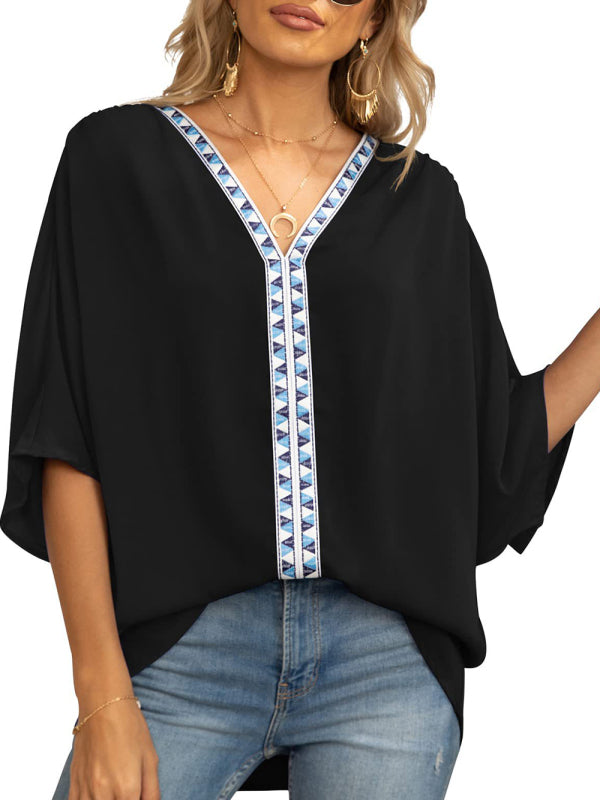 Women's V-neck Dolman Sleeve Top With Trim