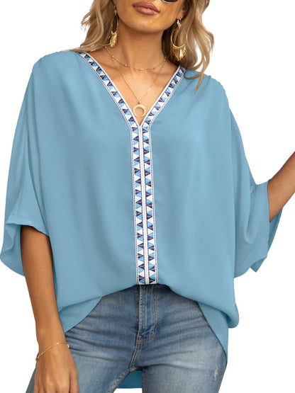 Women's V-neck Dolman Sleeve Top With Trim