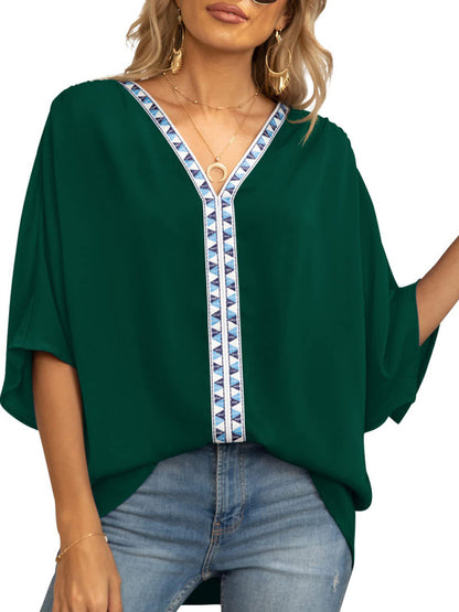 Women's V-neck Dolman Sleeve Top With Trim