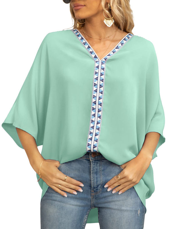 Women's V-neck Dolman Sleeve Top With Trim