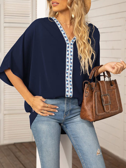 Women's V-neck Dolman Sleeve Top With Trim