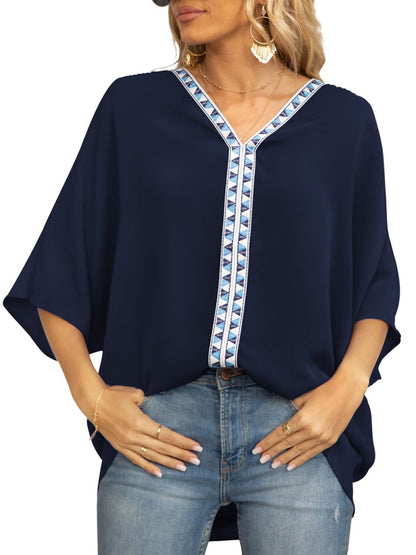 Women's V-neck Dolman Sleeve Top With Trim