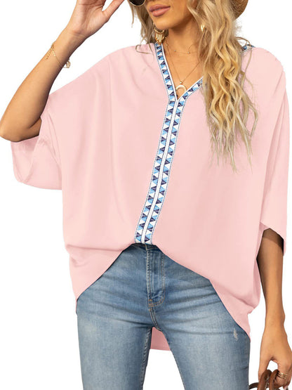 Women's V-neck Dolman Sleeve Top With Trim